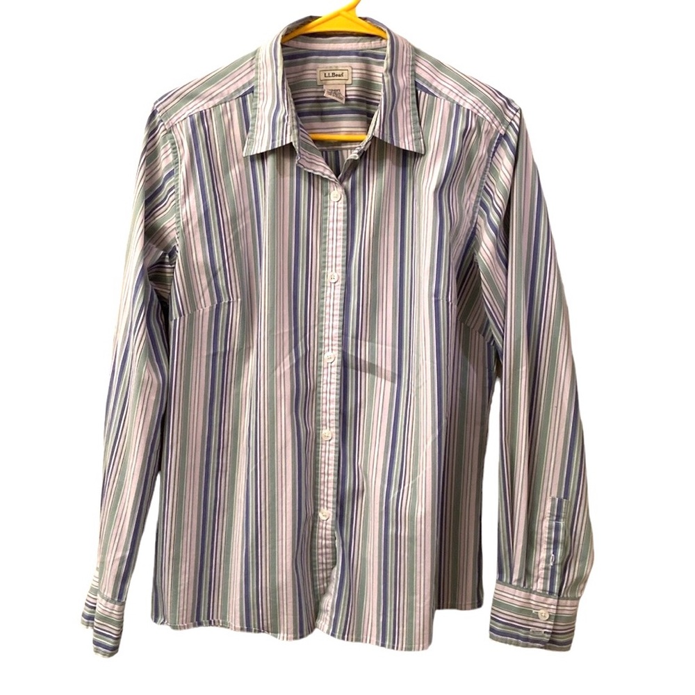 Vintage L.L. Bean Blouse Top Long Sleeve Stripes White Green Purple WM SZ L NICE